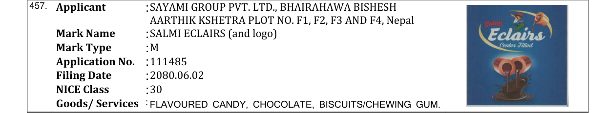 Original bulletin entry for SALMI ECLAIRS (and logo)