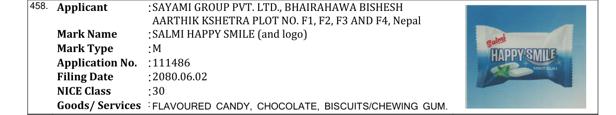 Original bulletin entry for SALMI HAPPY SMILE (and logo)
