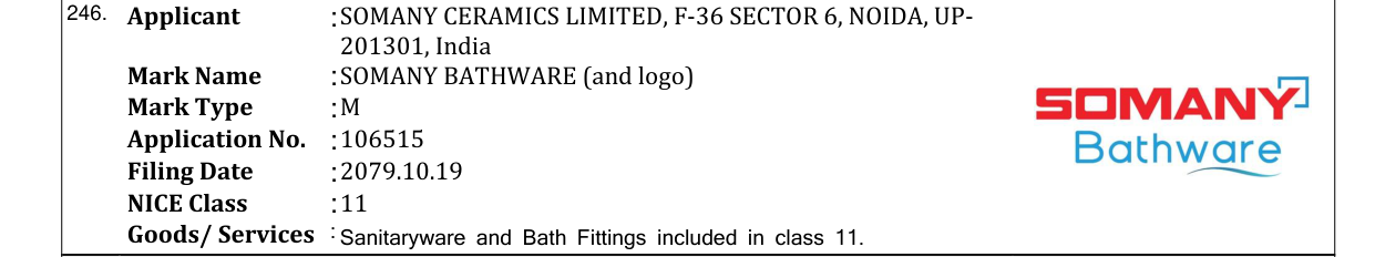 Original bulletin entry for SOMANY BATHWARE (and logo)