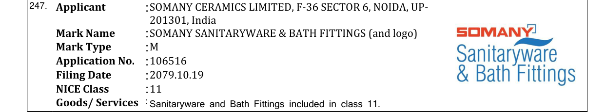 Original bulletin entry for SOMANY SANITARYWARE & BATH FITTINGS (and logo)