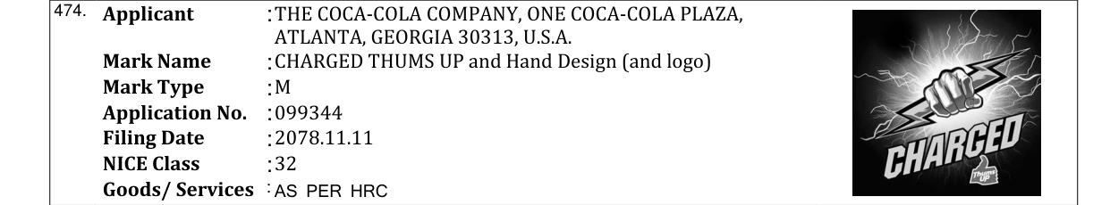 Original bulletin entry for CHARGED THUMS UP and Hand Design (and logo)