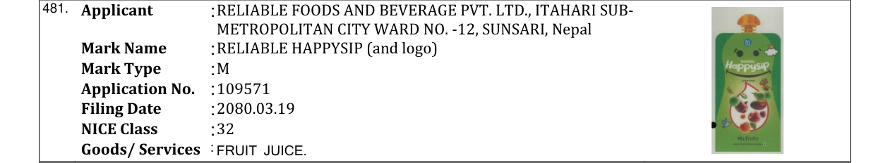 Original bulletin entry for RELIABLE HAPPYSIP (and logo)