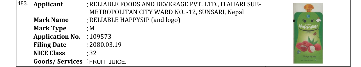 Original bulletin entry for RELIABLE HAPPYSIP (and logo)