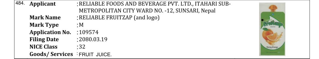 Original bulletin entry for RELIABLE FRUITZAP (and logo)