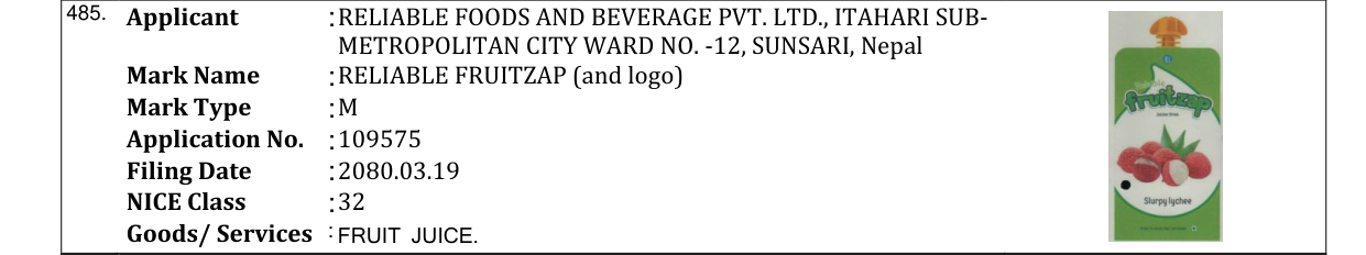 Original bulletin entry for RELIABLE FRUITZAP (and logo)