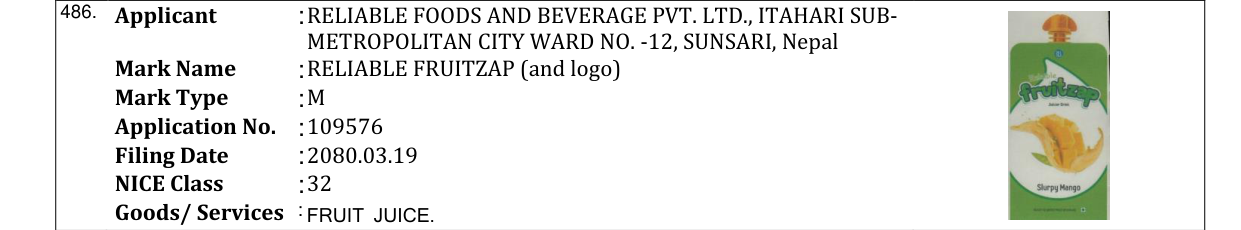 Original bulletin entry for RELIABLE FRUITZAP (and logo)