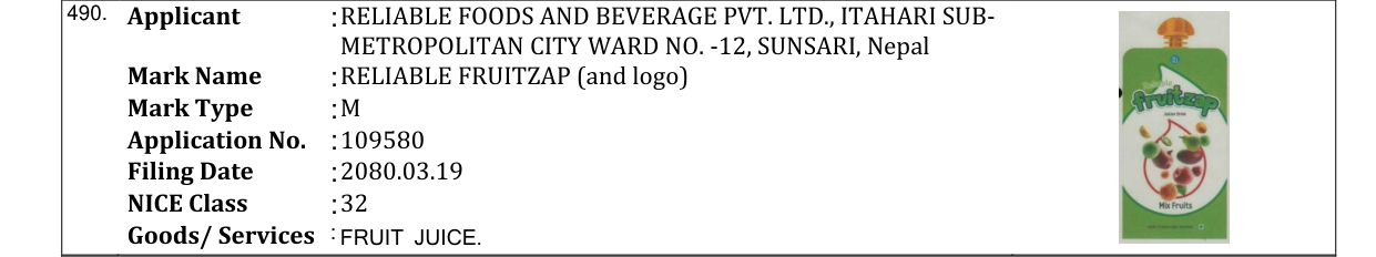 Original bulletin entry for RELIABLE FRUITZAP (and logo)