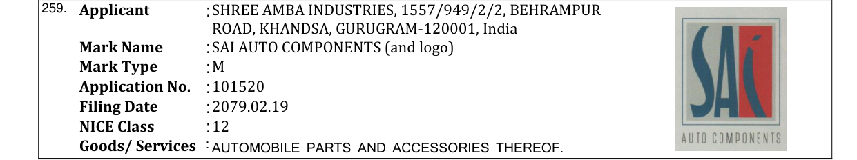 Original bulletin entry for SAI AUTO COMPONENTS (and logo)