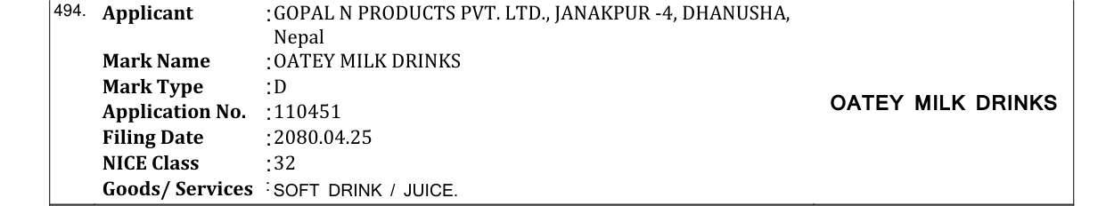 Original bulletin entry for OATEY MILK DRINKS