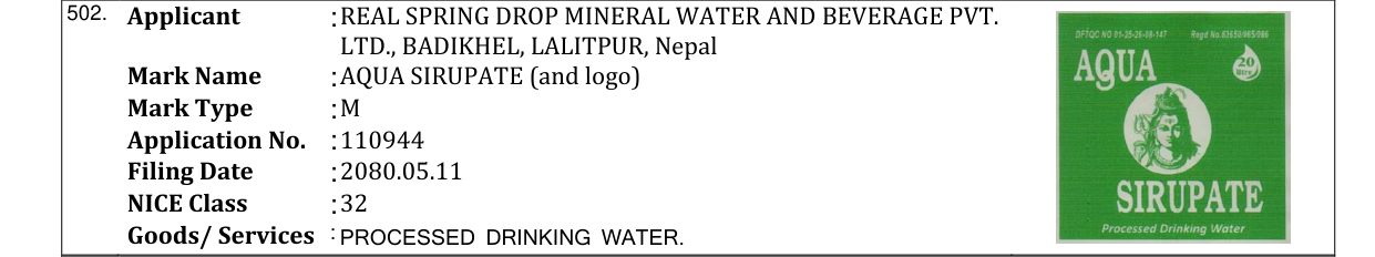 Original bulletin entry for AQUA SIRUPATE (and logo)
