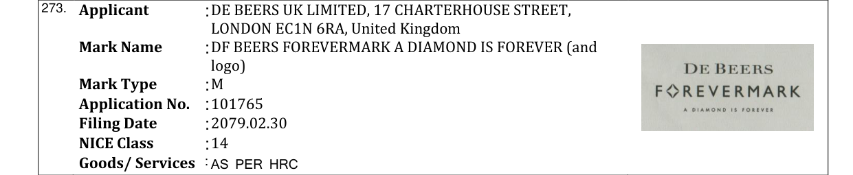 Original bulletin entry for DF BEERS FOREVERMARK A DIAMOND IS FOREVER (and logo)