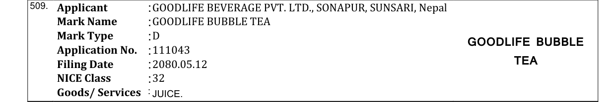 Original bulletin entry for GOODLIFE BUBBLE TEA