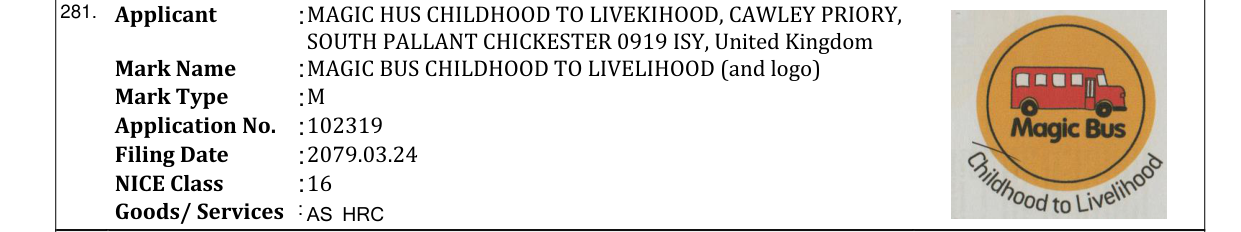 Original bulletin entry for MAGIC BUS CHILDHOOD TO LIVELIHOOD (and logo)