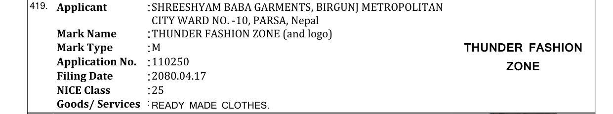 Original bulletin entry for THUNDER FASHION ZONE (and logo)
