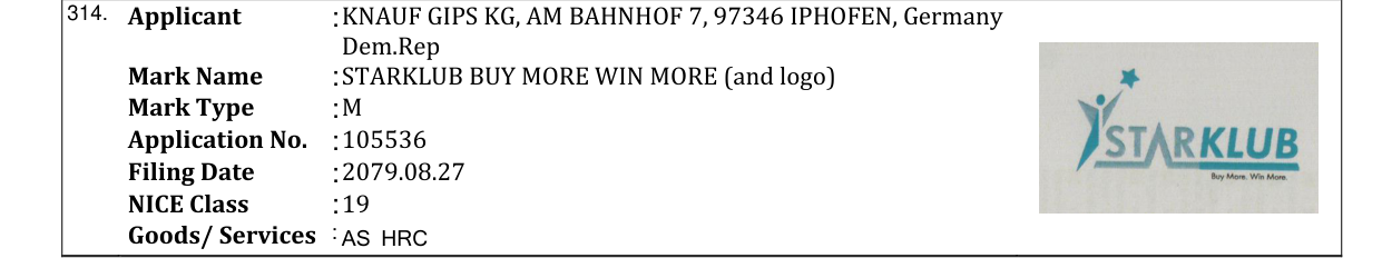 Original bulletin entry for STARKLUB BUY MORE WIN MORE (and logo)