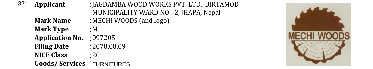 Original bulletin entry for MECHI WOODS (and logo)