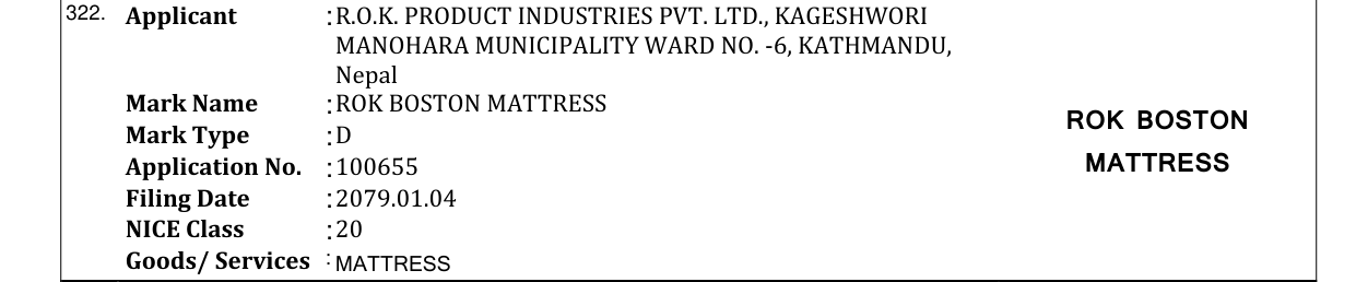 Original bulletin entry for ROK BOSTON MATTRESS ROK BOSTON