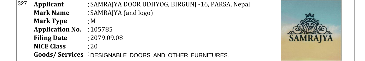 Original bulletin entry for SAMRAJYA (and logo)