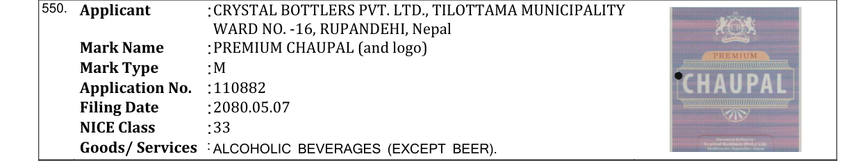 Original bulletin entry for PREMIUM CHAUPAL (and logo)