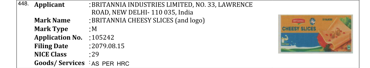 Original bulletin entry for BRITANNIA CHEESY SLICES (and logo)