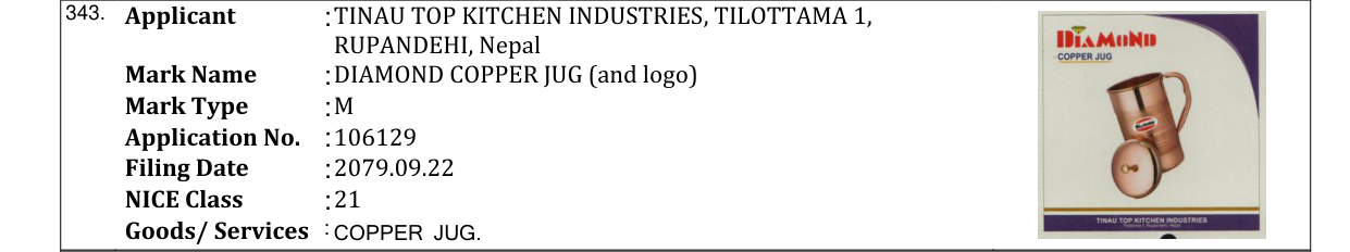 Original bulletin entry for DIAMOND COPPER JUG (and logo)