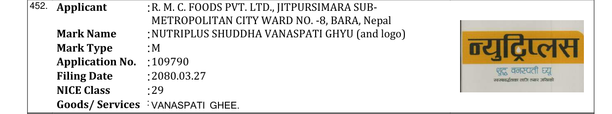 Original bulletin entry for NUTRIPLUS SHUDDHA VANASPATI GHYU (and logo)