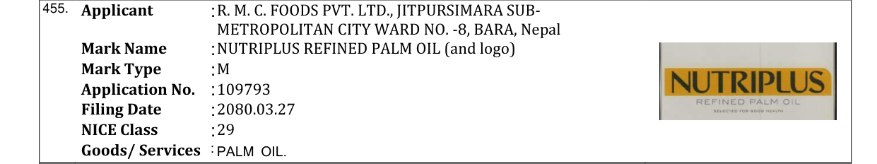 Original bulletin entry for NUTRIPLUS REFINED PALM OIL (and logo)