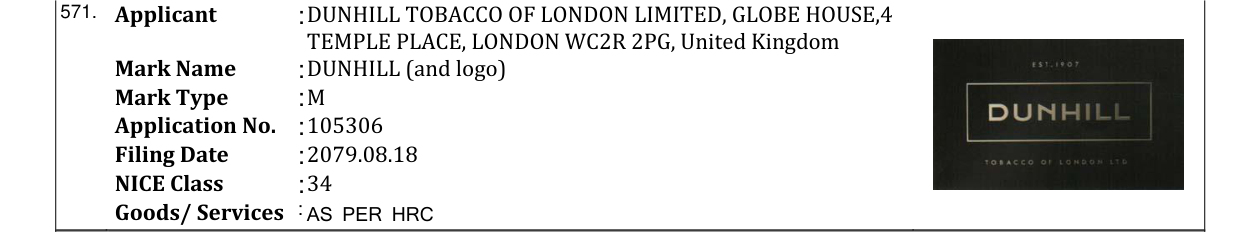 Original bulletin entry for DUNHILL (and logo)