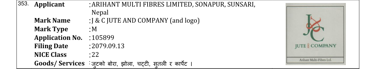 Original bulletin entry for J & C JUTE AND COMPANY (and logo)