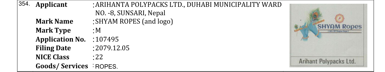 Original bulletin entry for SHYAM ROPES (and logo)