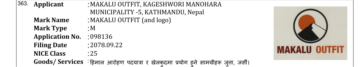 Original bulletin entry for MAKALU OUTFIT (and logo)