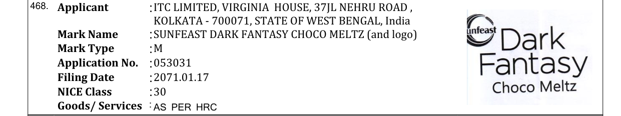 Original bulletin entry for SUNFEAST DARK FANTASY CHOCO MELTZ (and logo)
