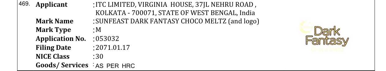 Original bulletin entry for SUNFEAST DARK FANTASY CHOCO MELTZ (and logo)