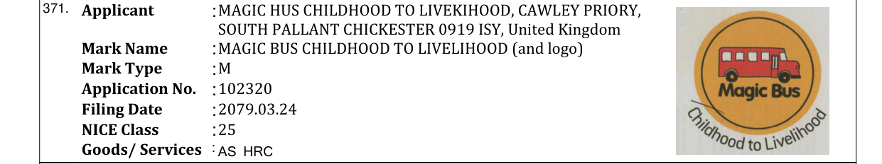 Original bulletin entry for MAGIC BUS CHILDHOOD TO LIVELIHOOD (and logo)