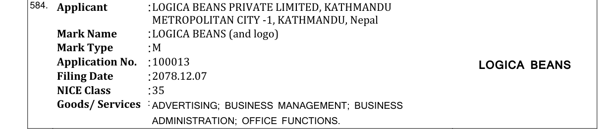 Original bulletin entry for LOGICA BEANS (and logo)