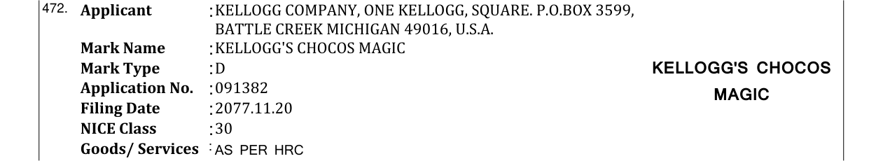 Original bulletin entry for KELLOGG'S CHOCOS MAGIC
