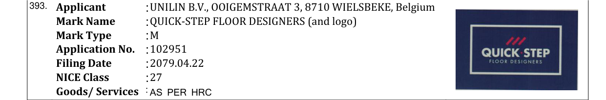 Original bulletin entry for QUICK-STEP FLOOR DESIGNERS (and logo)