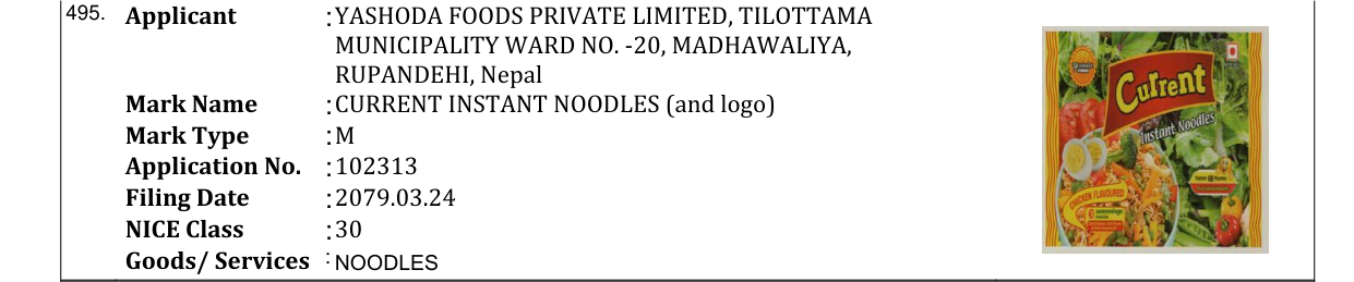 Original bulletin entry for CURRENT INSTANT NOODLES (and logo)