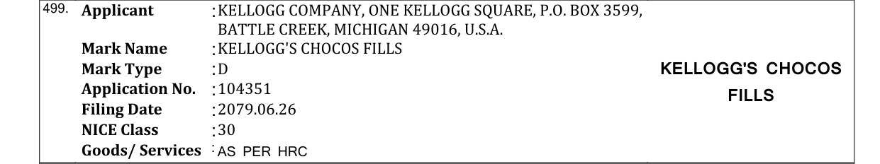 Original bulletin entry for KELLOGG'S CHOCOS FILLS