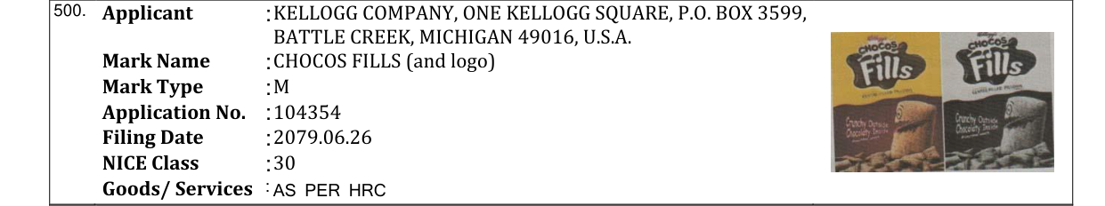 Original bulletin entry for CHOCOS FILLS (and logo)
