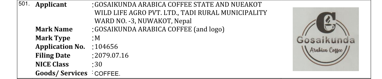 Original bulletin entry for GOSAIKUNDA ARABICA COFFEE (and logo)