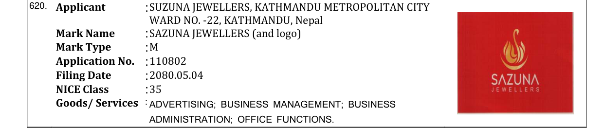 Original bulletin entry for SAZUNA JEWELLERS (and logo)