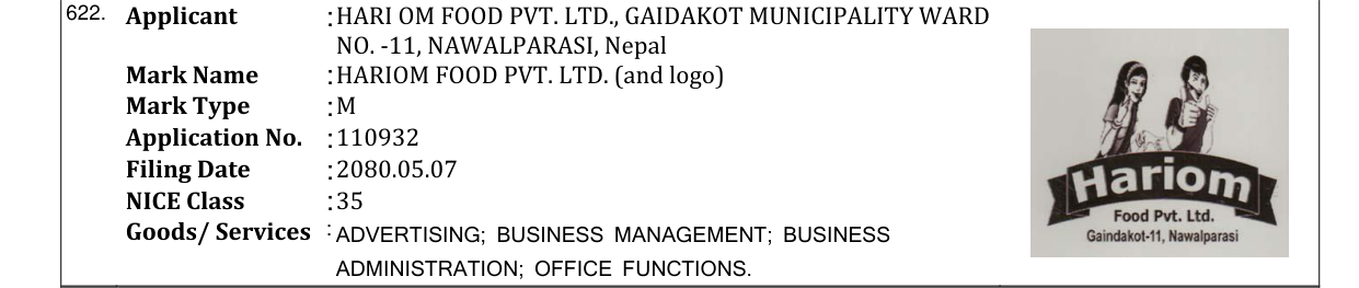 Original bulletin entry for HARIOM FOOD PVT. LTD. (and logo)