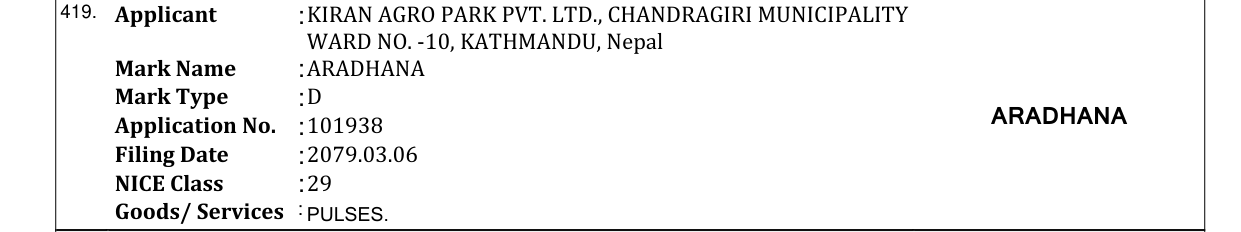 Original bulletin entry for ARADHANA