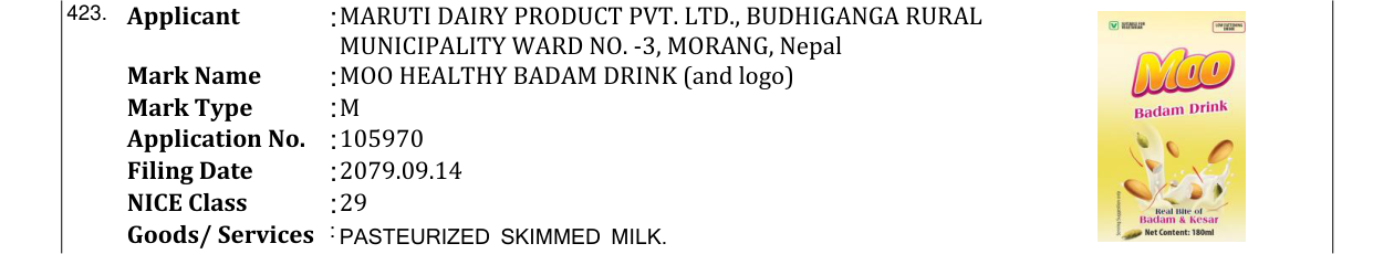Original bulletin entry for MOO HEALTHY BADAM DRINK (and logo)