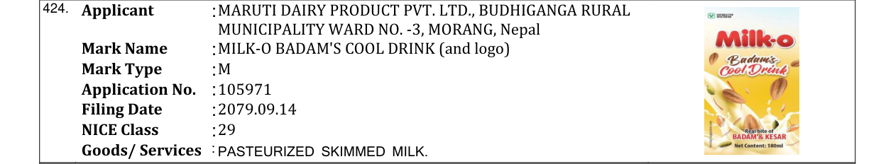 Original bulletin entry for MILK-O BADAM'S COOL DRINK (and logo)