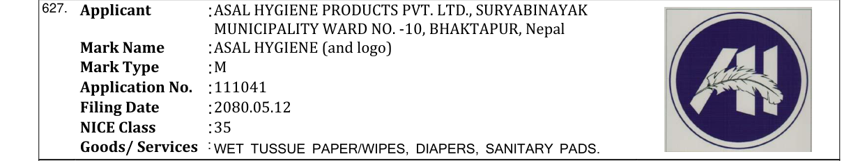 Original bulletin entry for ASAL HYGIENE (and logo)
