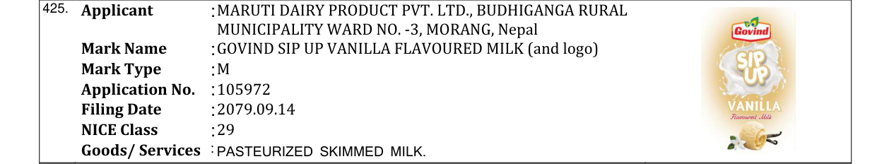 Original bulletin entry for GOVIND SIP UP VANILLA FLAVOURED MILK (and logo)