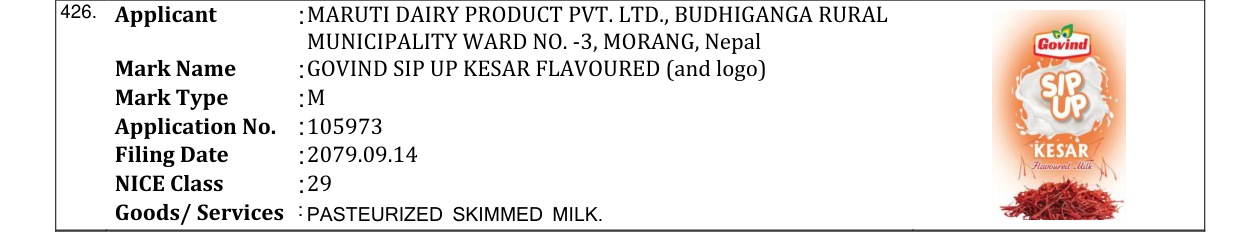 Original bulletin entry for GOVIND SIP UP KESAR FLAVOURED (and logo)