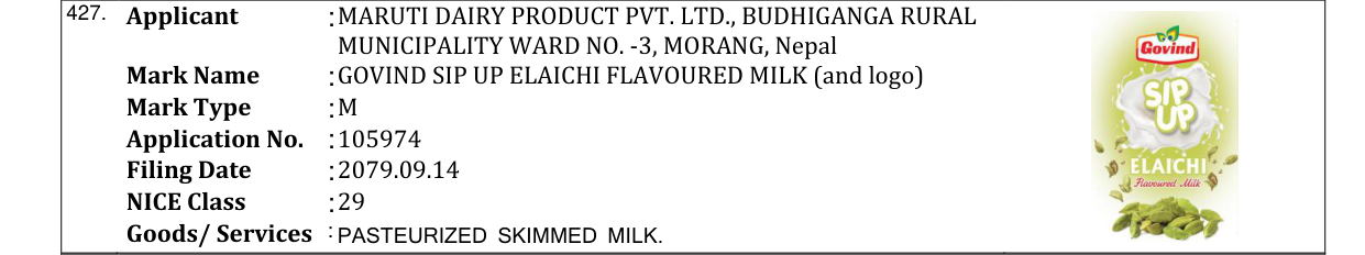 Original bulletin entry for GOVIND SIP UP ELAICHI FLAVOURED MILK (and logo)